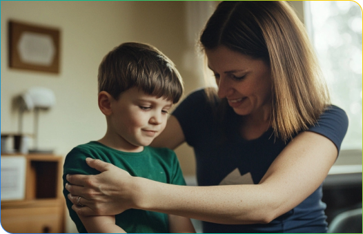 Mother gently helping her young son apply treatment, creating a calm and supportive moment in a home setting
